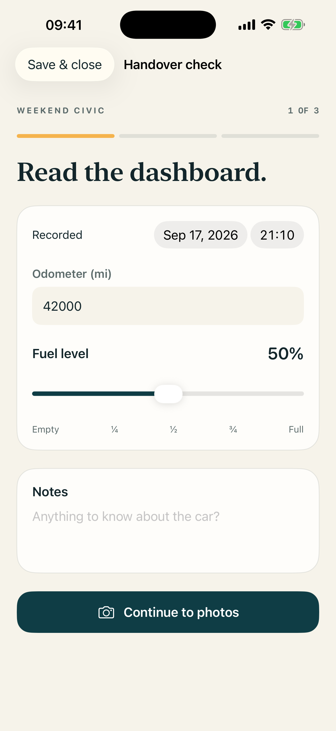 Odometer and fuel readings