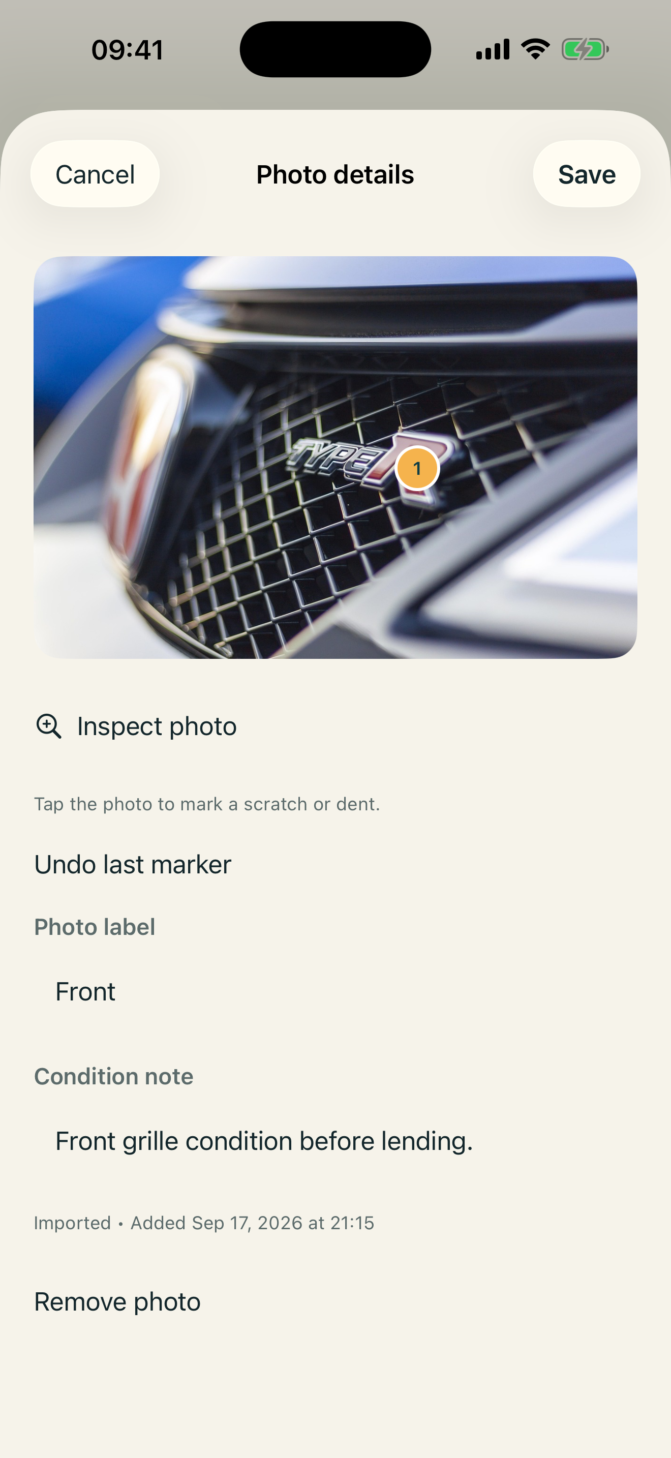 Numbered condition marker and a photo note